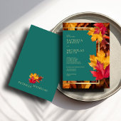 ティール(緑がかった色)と秋ファンタジー金ゴールド素朴レベリ結婚ーズ 招待状