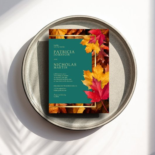 ティール(緑がかった色)と秋ファンタジー金ゴールド素朴レベリ結婚ーズ 招待状