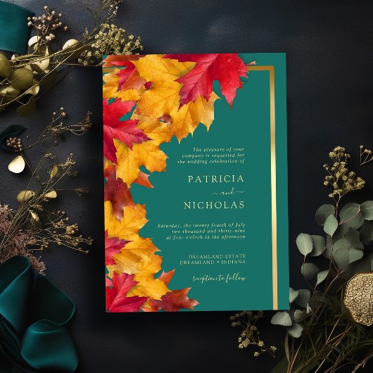 ティール(緑がかった色)と秋ファンタジー金ゴールド素朴レベリ結婚ーズ 招待状