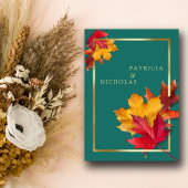 ティール（緑がかった色）と秋ファンタジー金ゴールド素朴レベリ結婚ーズ 招待状