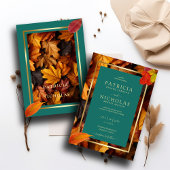 ティール（緑がかった色）と秋ファンタジー金ゴールド素朴レベリ結婚ーズ 招待状