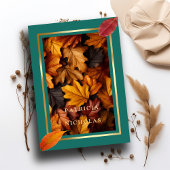 ティール（緑がかった色）と秋ファンタジー金ゴールド素朴レベリ結婚ーズ 招待状