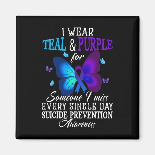 ティール(緑がかった色)と紫のリボン自殺防止の待ち時間 マグネット (正面)