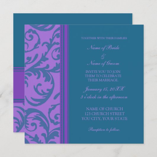 ティール（緑がかった色）と紫の旋回結婚式招待状カード 招待状 (正面/裏面)