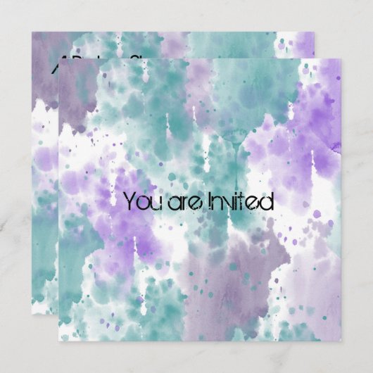 ティール（緑がかった色）と紫の水彩抽象芸術ベビーシャワー 招待状 (正面/裏面)