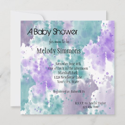 ティール（緑がかった色）と紫の水彩抽象芸術ベビーシャワー 招待状 (裏面)