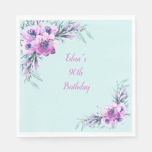 ティール(緑がかった色)と紫の水彩花90位 スタンダードランチョンナプキン (正面)