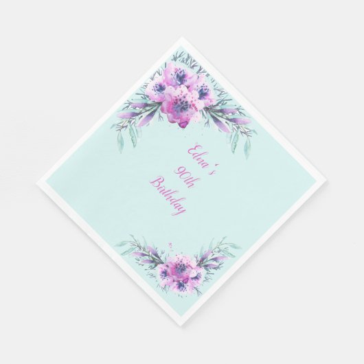 ティール(緑がかった色)と紫の水彩花90位 スタンダードランチョンナプキン (角)