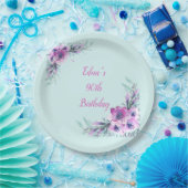 ティール(緑がかった色)と紫の水彩花90位 ペーパープレート (パーティー)