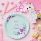 ティール(緑がかった色)と紫の水彩花90位 ペーパープレート (パーティー)