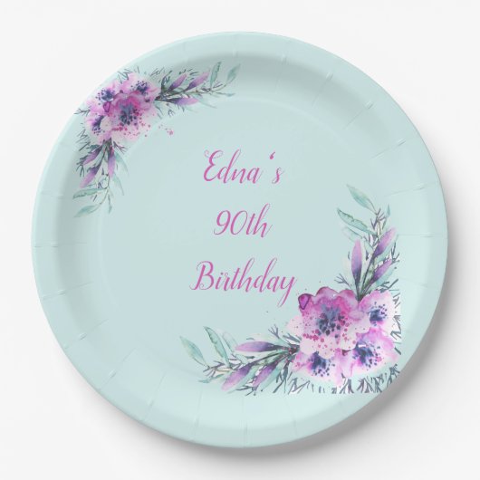 ティール(緑がかった色)と紫の水彩花90位 ペーパープレート (正面)