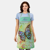 ティール(緑がかった色)と紫の蝶エプロン エプロン (着用した状態)