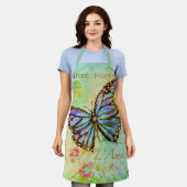 ティール（緑がかった色）と紫の蝶 エプロン (着用した状態)