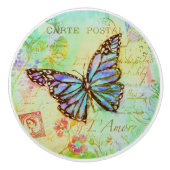 ティール（緑がかった色）と紫の蝶 セラミックノブ (正面)