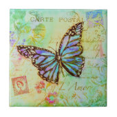 ティール（緑がかった色）と紫の蝶 タイル (正面)