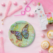 ティール（緑がかった色）と紫の蝶 ペーパープレート (パーティー)