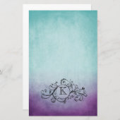 ティール(緑がかった色)と紫素朴ボヘミアン・フローリッシュ 便箋 (正面/裏面)