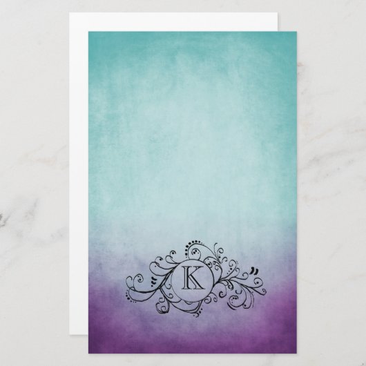 ティール（緑がかった色）と紫素朴ボヘミアン・フローリッシュ 便箋 (正面/裏面)