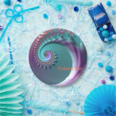 ティール(緑がかった色)と紫色のスパイラルフラクタル紙パーティープレート ペーパープレート (パーティー)