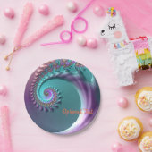 ティール(緑がかった色)と紫色のスパイラルフラクタル紙パーティープレート ペーパープレート (パーティー)