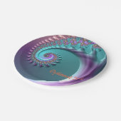 ティール(緑がかった色)と紫色のスパイラルフラクタル紙パーティープレート ペーパープレート (アングル)