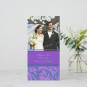 ティール（緑がかった色）と紫色の渦巻き旋回ありがとう結婚の写真カード サンキューカード (スタンド正面)