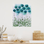 ティール（緑がかった色）と緑のケシ、水彩花の壁 ポスター (キッチン)