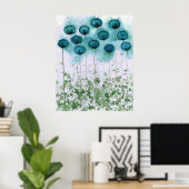 ティール（緑がかった色）と緑のケシ、水彩花の壁 ポスター (ホームオフィス)