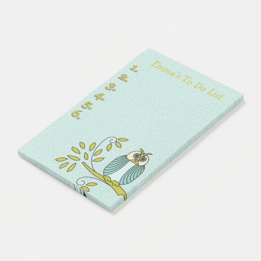 ティール（緑がかった色）と緑のパーソナライズされたフクロウ一覧 ポストイット (アングル)