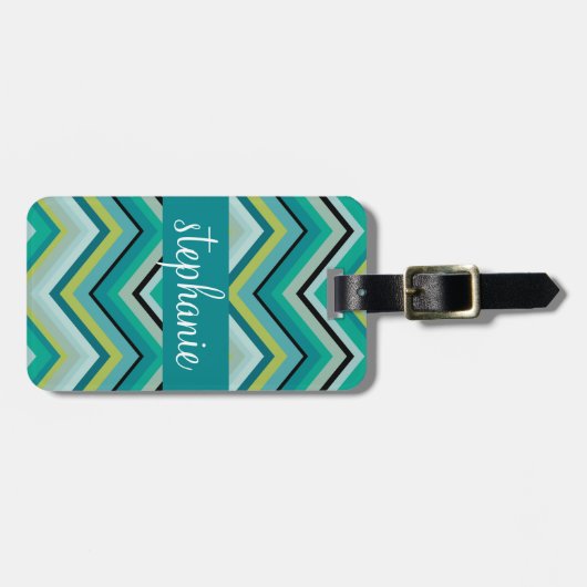 ティール（緑がかった色）と緑の巨大シェブロンパターン名前をカスタムする ラゲッジタグ (正面横)