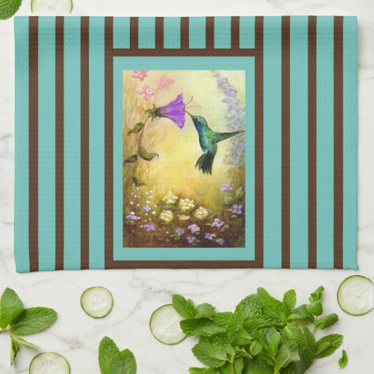 ティール(緑がかった色)と茶色のハストライプのチドリのキッチンタオル キッチンタオル (折り畳み)