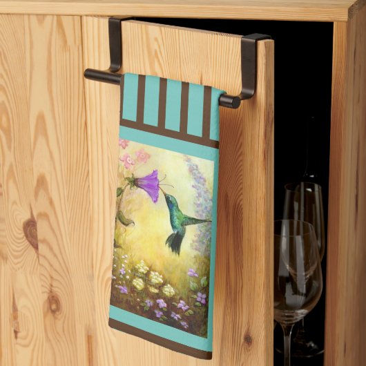 ティール（緑がかった色）と茶色のハストライプのチドリのキッチンタオル キッチンタオル (三つ折り)