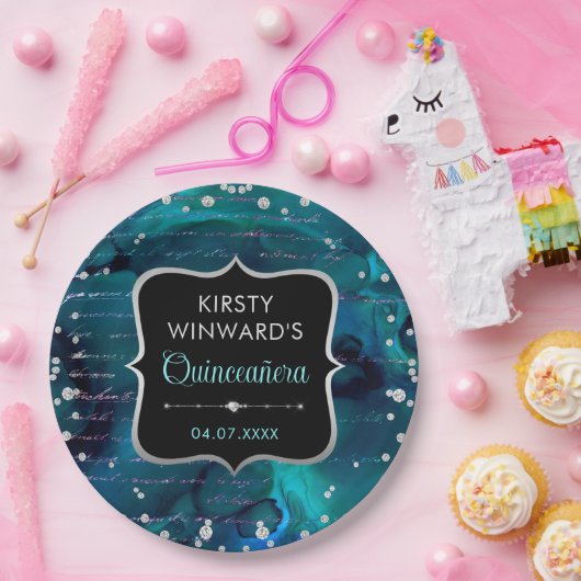 ティール（緑がかった色）と虹色グリッター文字キンセアニェラ ペーパープレート (パーティー)