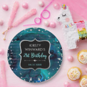 ティール（緑がかった色）と虹色グリッター文字誕生日 ペーパープレート (パーティー)
