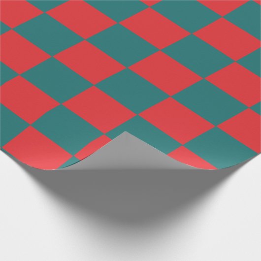 ティール（緑がかった色）と赤いチェッカーボードの正方形 ラッピングペーパー (角)