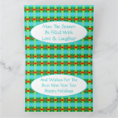 ティール（緑がかった色）と赤のクリパターン（の模様が）あるスマス サンキューカード (内部)