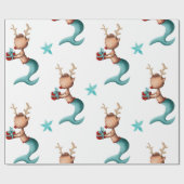 ティール(緑がかった色)と赤の人魚のトナカイのクリスマス ラッピングペーパー (フラット)