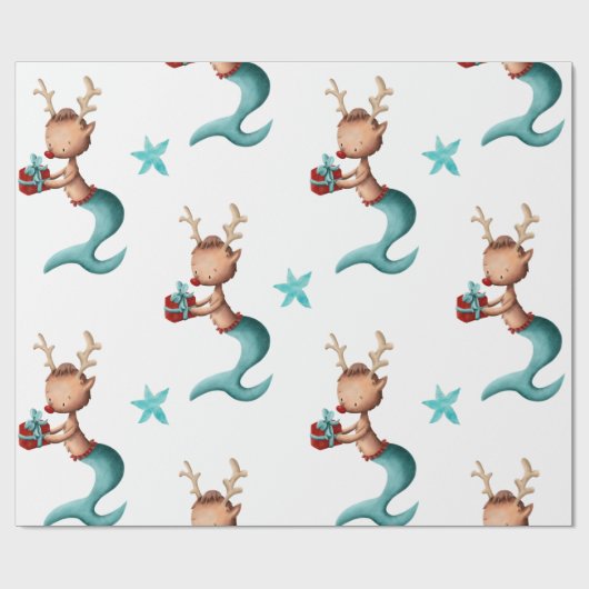 ティール(緑がかった色)と赤の人魚のトナカイのクリスマス ラッピングペーパー (フラット)