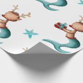 ティール(緑がかった色)と赤の人魚のトナカイのクリスマス ラッピングペーパー (角)