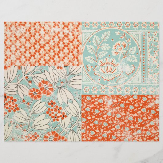 ティール(緑がかった色)と赤フローラスクラップブックジャンクジャーナル紙 (正面)