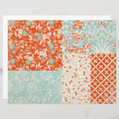 ティール(緑がかった色)と赤フローラパッチワークスクラップブック紙 (正面/裏面)