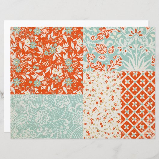 ティール(緑がかった色)と赤フローラパッチワークスクラップブック紙 (正面/裏面)