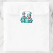 ティール（緑がかった色）と赤ヴィンテージメリークリスマス スクエアシール (バッグ)