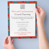 ティール（緑がかった色）と赤花柄ビジネスグランドオープニング チラシ (手)