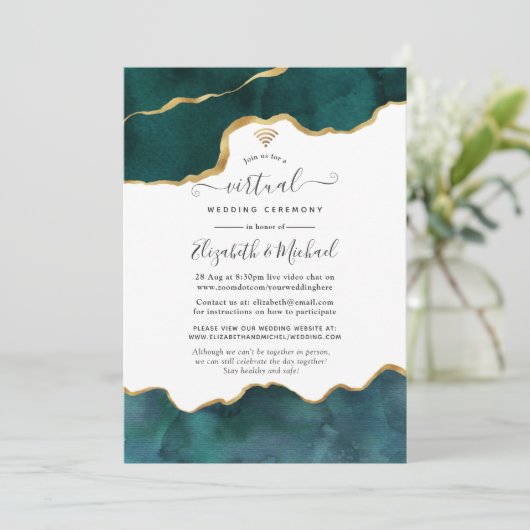ティール（緑がかった色）と金ゴールドのゲートウェイ仮想結婚化 招待状 (スタンド正面)