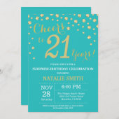 ティール（緑がかった色）と金ゴールドのサプライズ21歳誕生日ダイヤモンド 招待状 (正面/裏面)