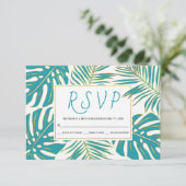 ティール（緑がかった色）と金ゴールドのトロピカル葉な結婚式RSVPカード 出欠カード (スタンド正面)