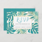 ティール（緑がかった色）と金ゴールドのトロピカル葉な結婚式RSVPカード 出欠カード (正面/裏面)