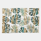 ティール(緑がかった色)と金ゴールドのパターン(の模様が)ある熱帯葉 キッチンタオル (横)