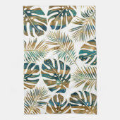 ティール(緑がかった色)と金ゴールドのパターン(の模様が)ある熱帯葉 キッチンタオル (縦)